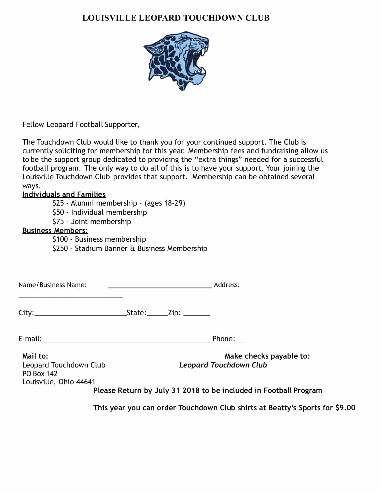 Leopard Touchdown Club Membership Form 2018