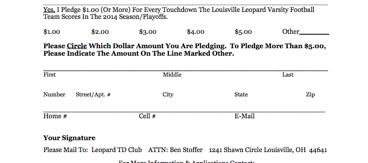 Louisville Leopards Touchdown Pledge 2014