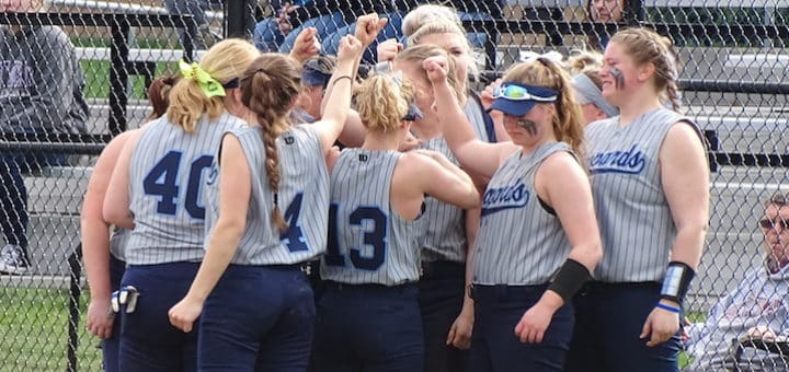 Louisville Leopards Softball Huddle Grey Uniforms 2018 at West Branch