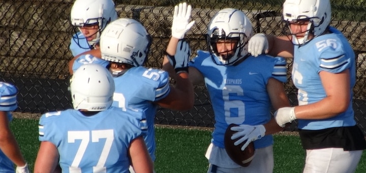 Zack Seaman Celebrates with Cameron Brazek and Jacob Shammo After Scoring a Touchdown in the Leopards Intrasquad Scrimmage 2021