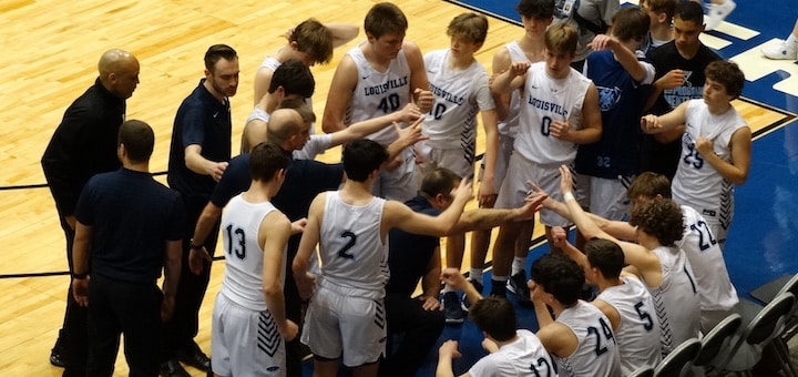 Louisville Leopards Boys Basketball Team Huddle 2022 Regional Semifinals