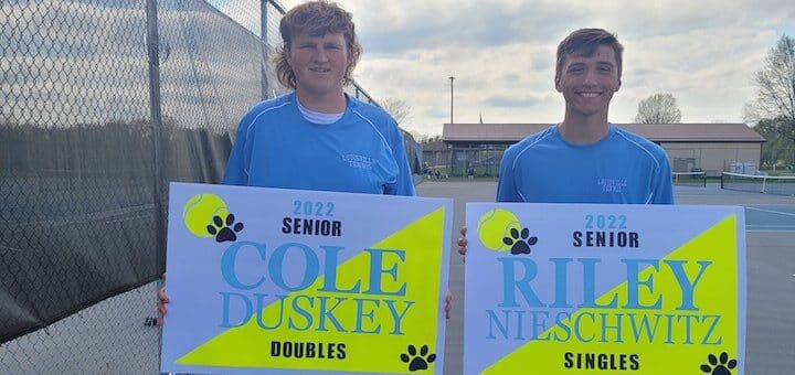 Cole Duskey and Riley Nieschwitz Louisville Leopards Boys Tennis Senior Night 2022 - Horn