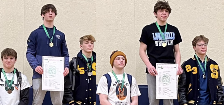 Dominic Hoffarth and Dyland Rhoads Louisville Leopards Wrestling District Champions 2023