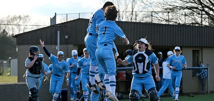Kyle Vesely Celebrates Scoring Game Winning Run on Passed Ball Louisville Leopards Baseball Vs. Green Bulldogs 2023 - Herald