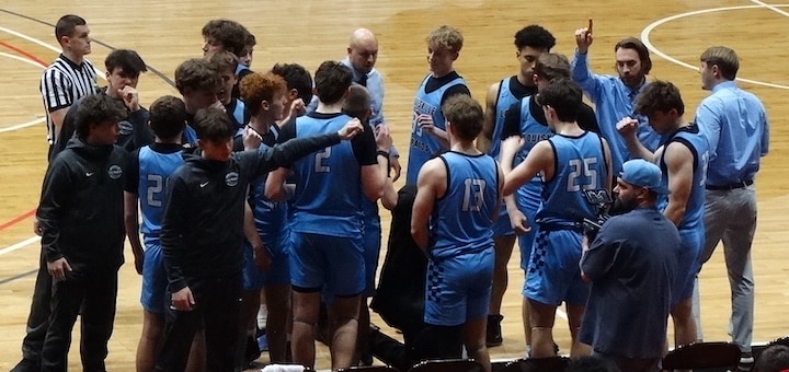 Louisville Leopards Boys Basketball Team Huddle Vs. DeSales 2025