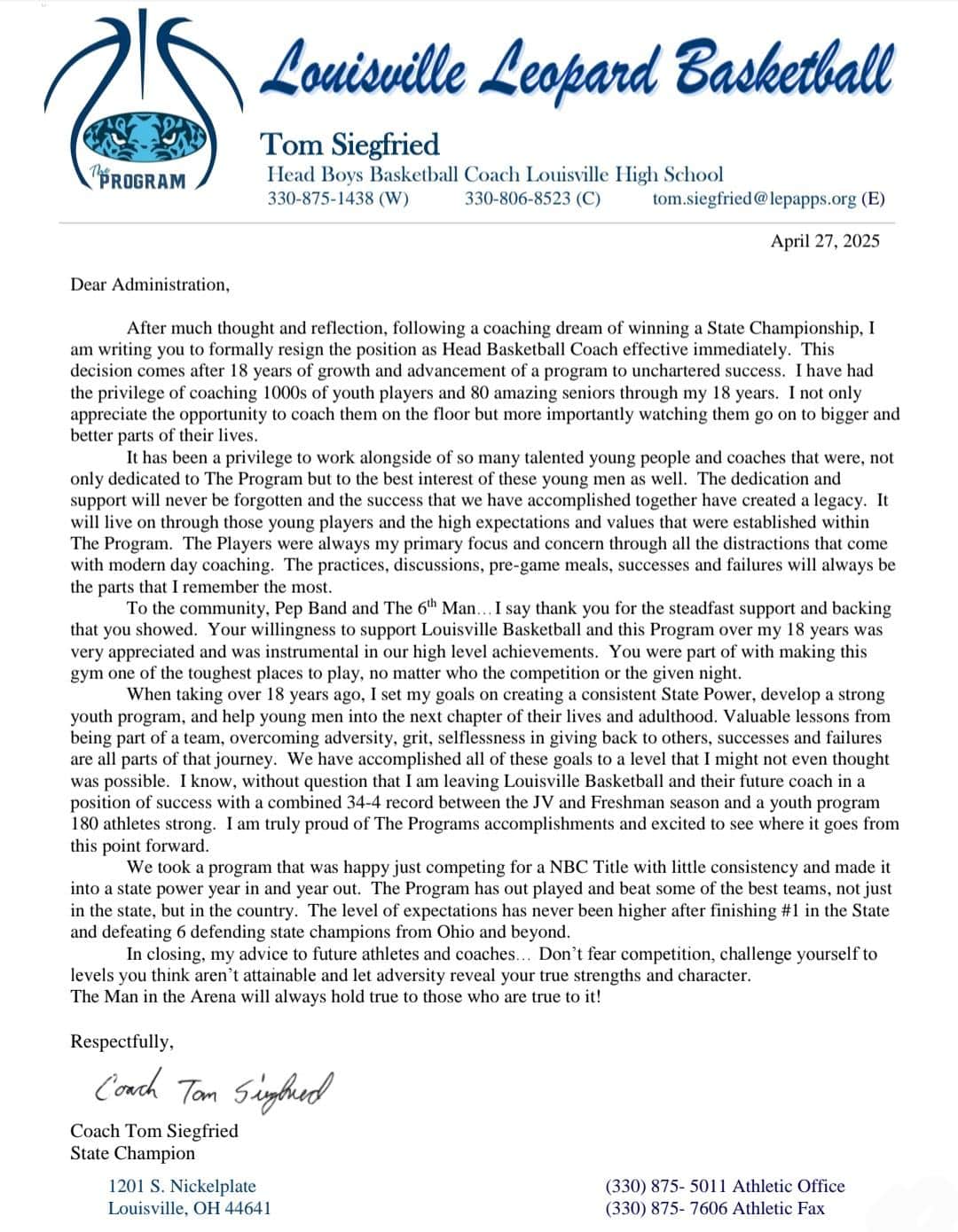 Siegfried Resignation Letter to the Program