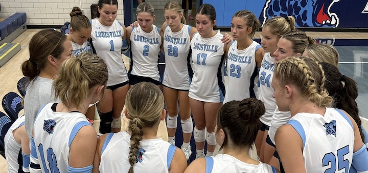 Louisville Leopards Volleyball Team Huddle Vs. Marlington Dukes 2025