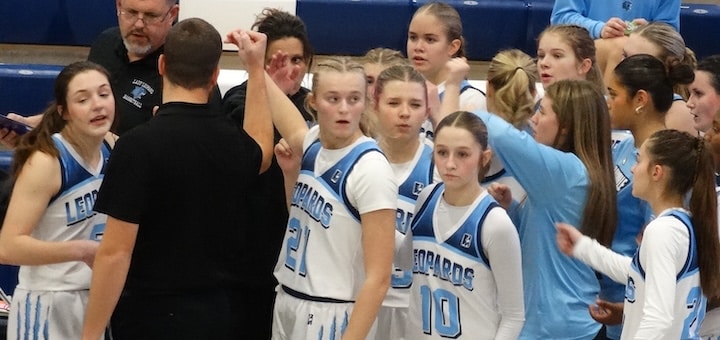 Louisville Leopards Girls Basketball Huddle Break 2025 Vs. Tallmadge Blue Devils