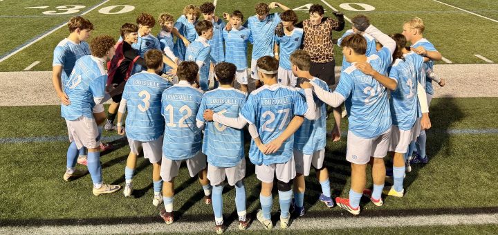 Louisville Leopards Boys Soccer Huddle with Maddox Mayle in the Middle Sectional 2026