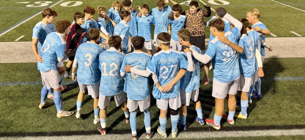 Louisville Leopards Boys Soccer Huddle with Maddox Mayle in the Middle Sectional 2026