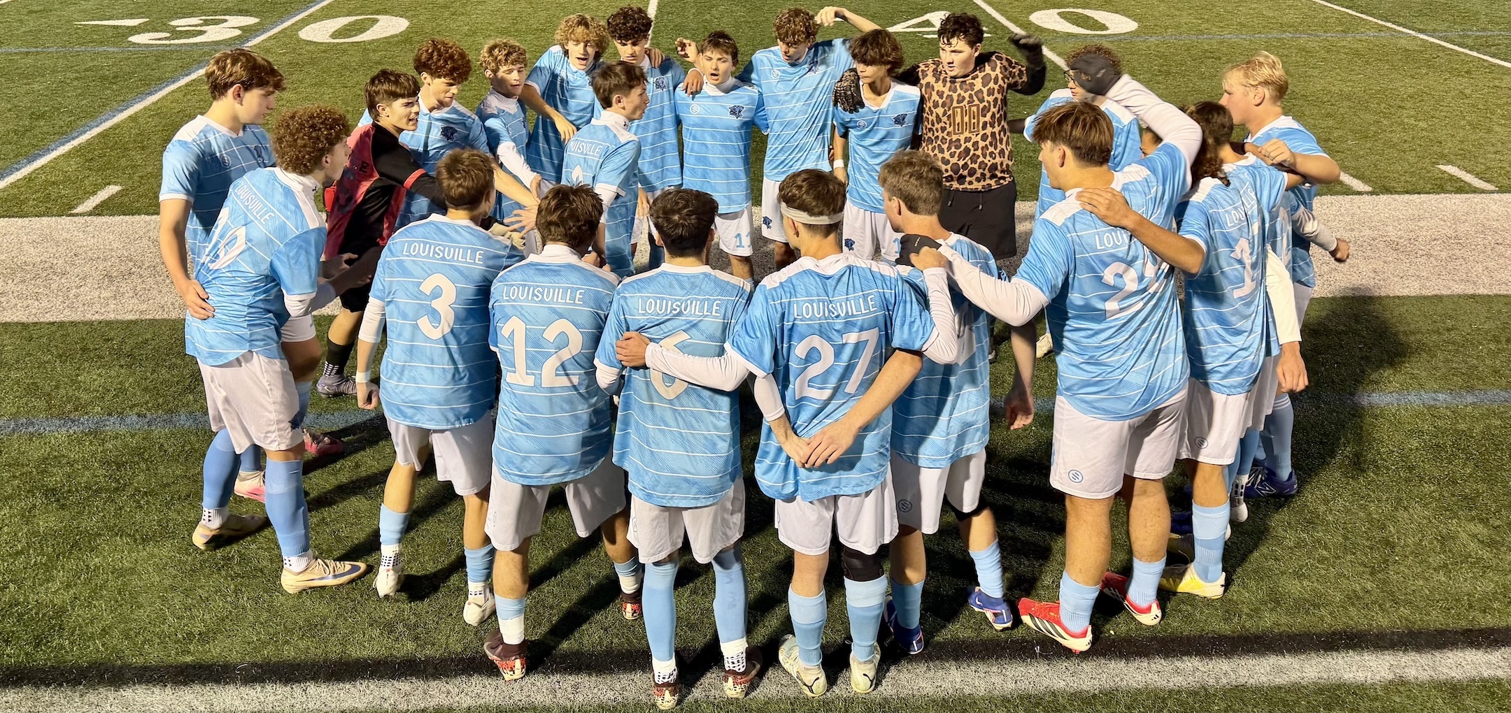 Louisville Leopards Boys Soccer Huddle with Maddox Mayle in the Middle Sectional 2026